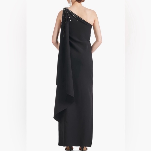 New Sachin & Babi Black Leslie Beaded Drape One Shoulder Crepe Gown In Size 14 - Picture 2 of 8